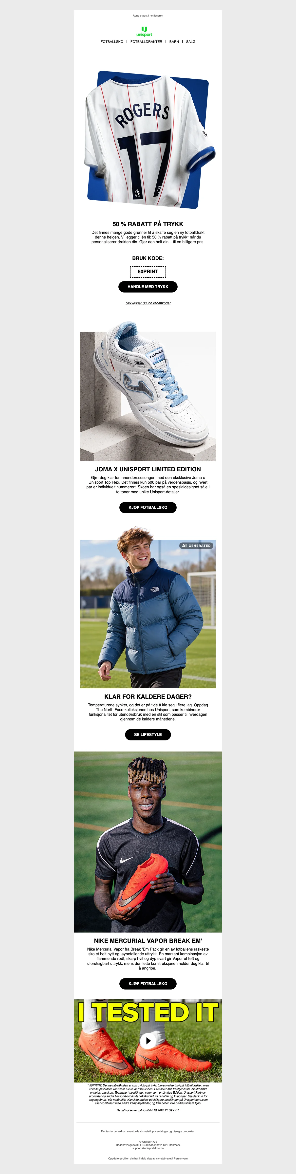 Bevis på rabattkode - Unisport - Rabattkode: [[50 % rabatt]] på trykk for personlig drakt