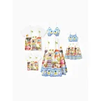 Family Matching Vacation Set Tropical Pineapple Coconut Tree Print Short-sleeve T-shirt or Hollow out Strap Dress for Summer Vacation  White