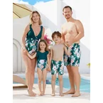 Family Matching Plant Print Ruffle Trim Spliced One-piece Swimsuit or Swim Trunks Green