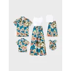 Family Matching Set Sun Flower Print Short-sleeve Collar Shirt or White Camisole Top and Flower Wide-leg Pants Set for Summer Vacation  Multi-color