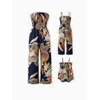 Family Matching Tropical Floral Print Smocked Top Strap Wide-Leg Jumpsuits for Mommy and Me Deep Blue