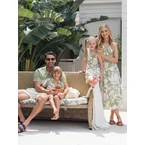 Matching Family Outfits Tropical Floral Print Strap Dress or Short-sleeve Colorblock Shirts Set Pale Green