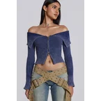 Tribeca Blue Ribbed Off The Shoulder Knit