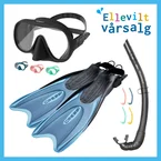 Ellevill feriepakke med svømmeføtter, barn og voksen