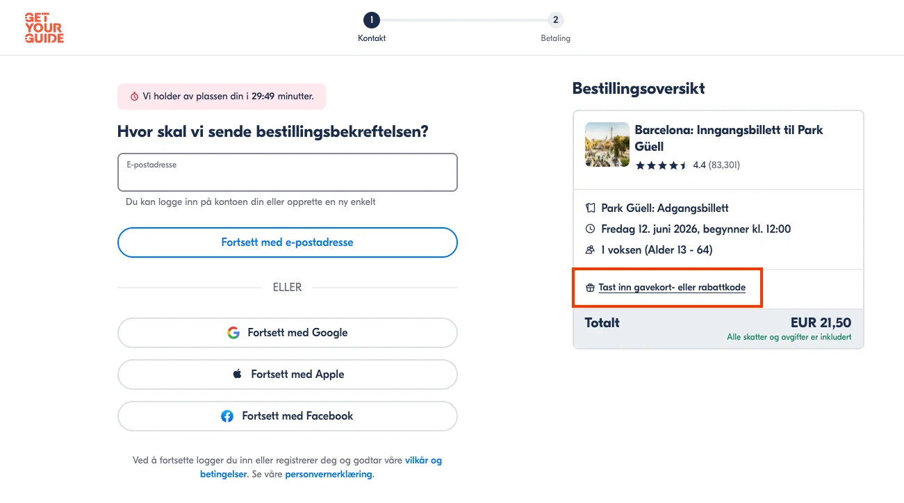 Slik bruker du rabattkoden - GetYourGuide
