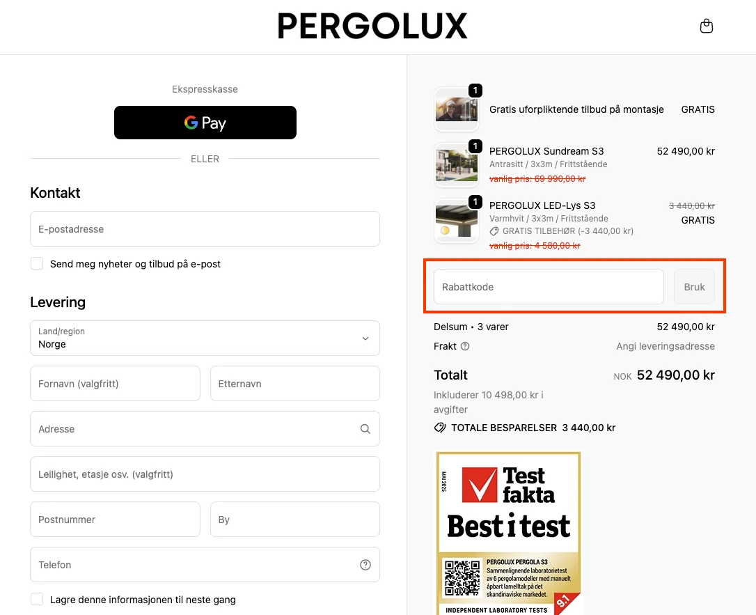 Slik bruker du rabattkoden - Pergolux