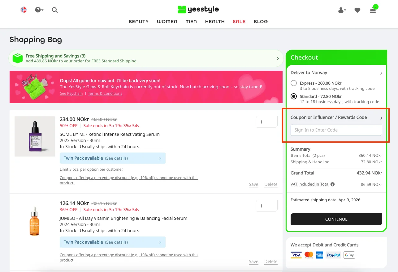 Slik bruker du rabattkoden - YesStyle